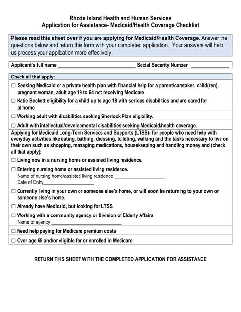 Application for Assistance - Medicaid / Health Coverage Checklist - Rhode Island Download Pdf