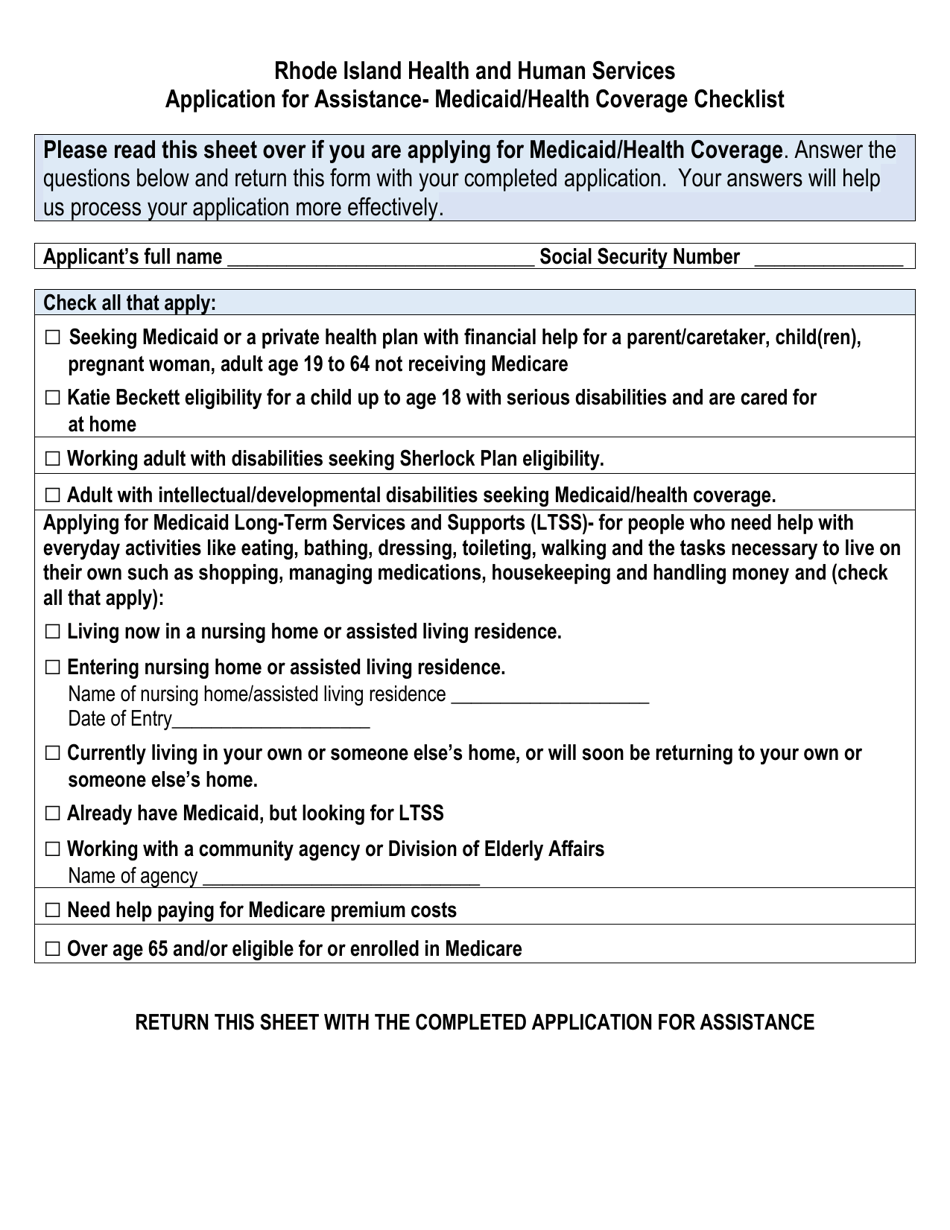 Application for Assistance - Medicaid / Health Coverage Checklist - Rhode Island, Page 1