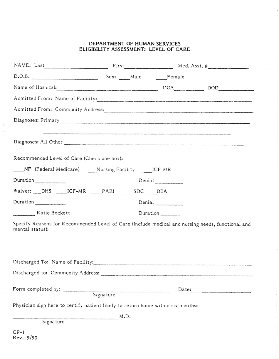 Form CP-1 Eligibility Assessment: Level of Care - Rhode Island, Page 1