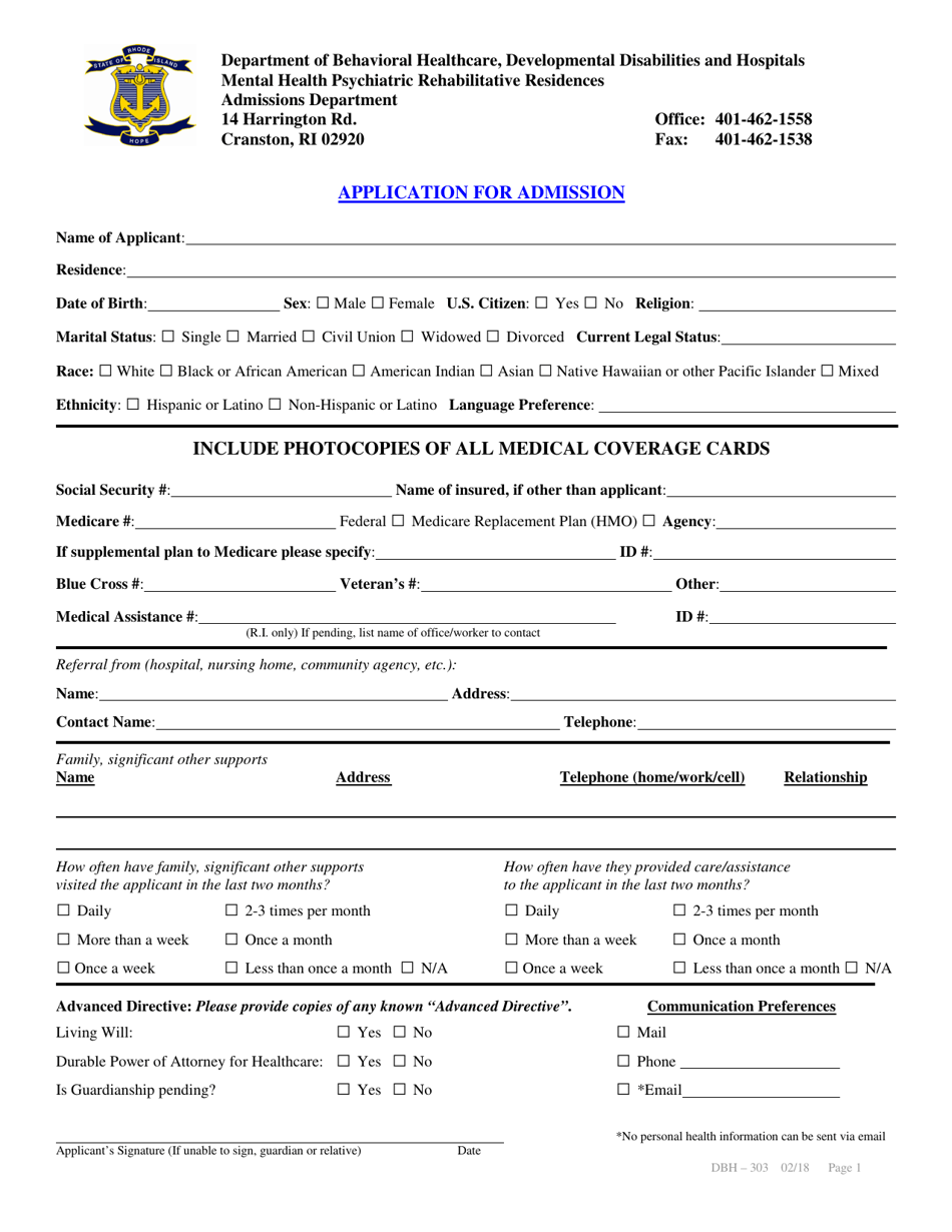 Form DBH-303 Application for Admission - Rhode Island, Page 1
