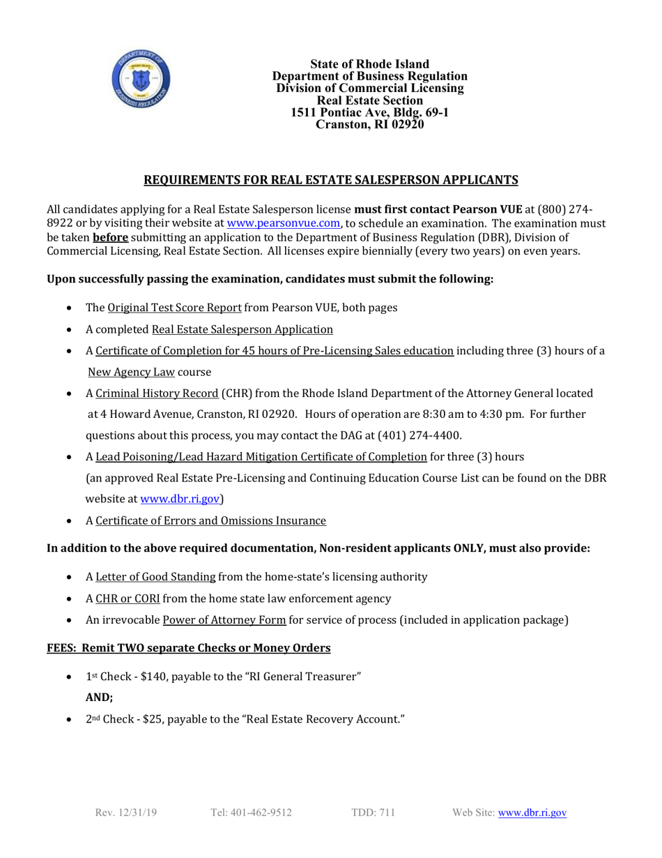 Rhode Island Real Estate Salesperson Application Fill Out, Sign