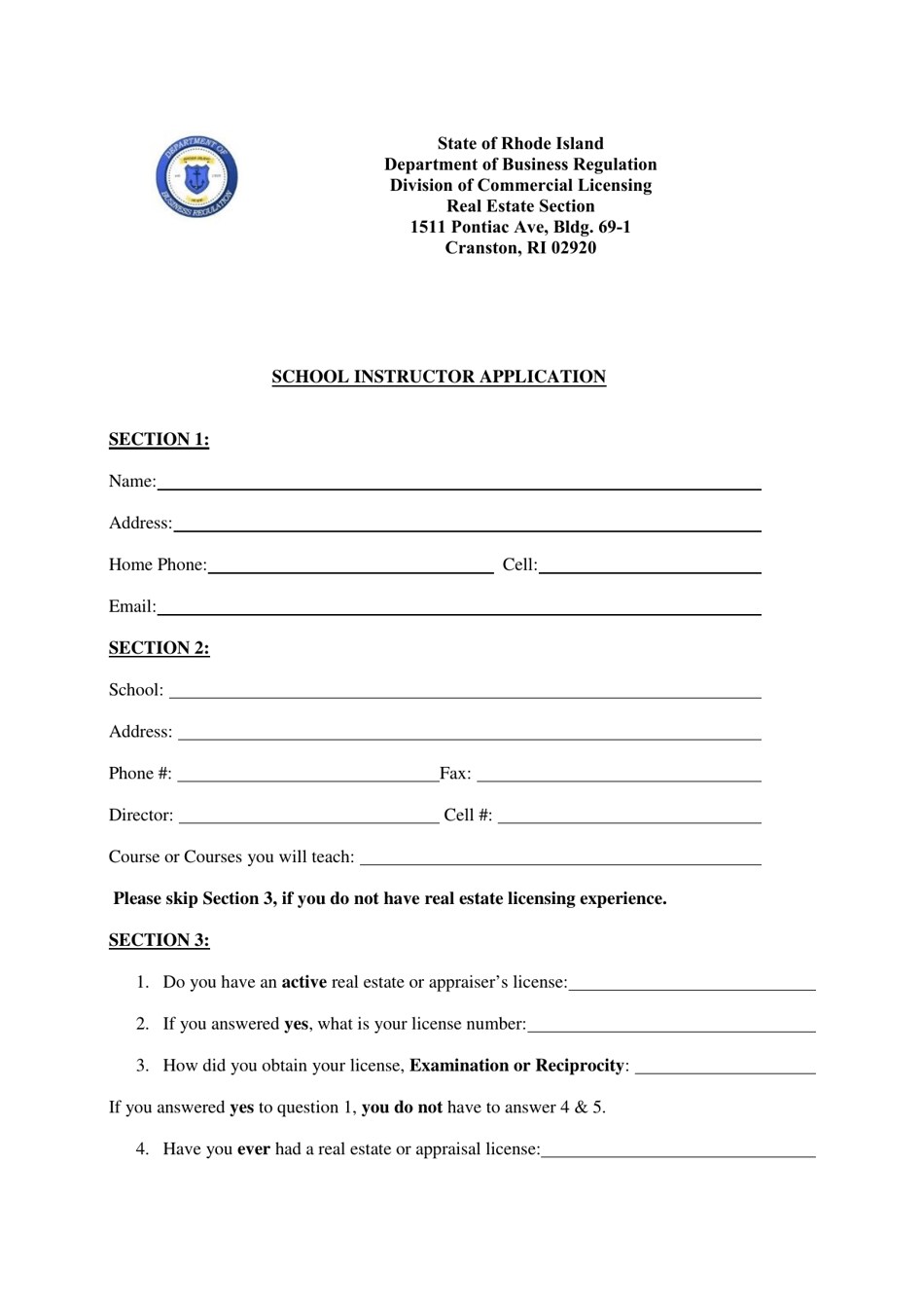 School Instructor Application - Rhode Island, Page 1