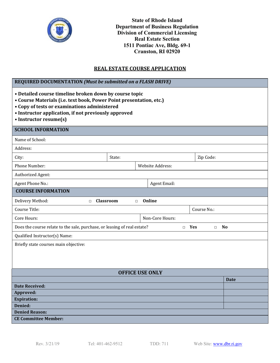 Rhode Island Real Estate Course Application Download Fillable PDF