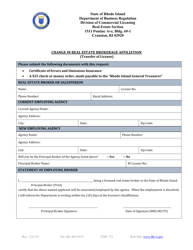 Document preview: Change in Real Estate Brokerage Affiliation (Transfer of License) - Rhode Island
