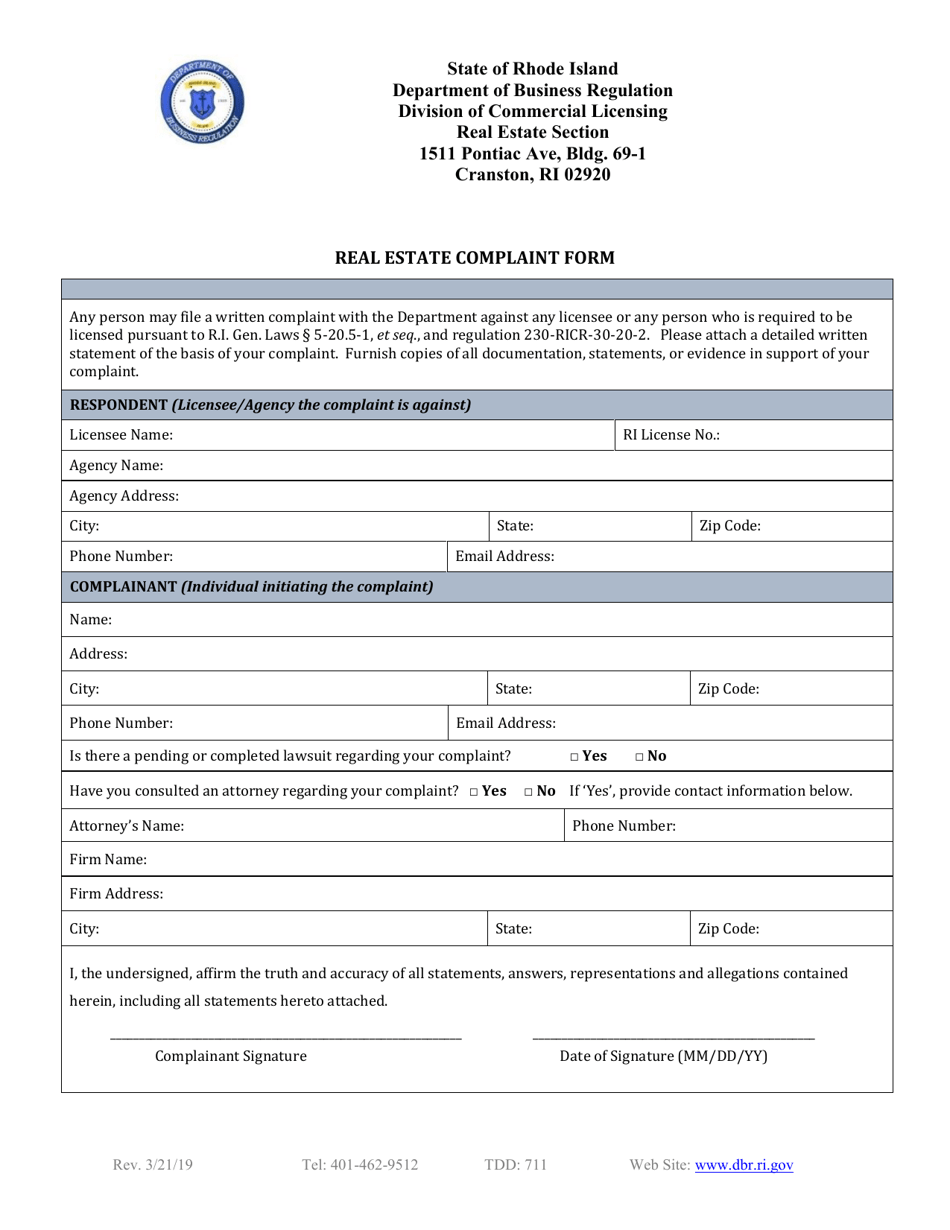 Real Estate Complaint Form - Rhode Island, Page 1