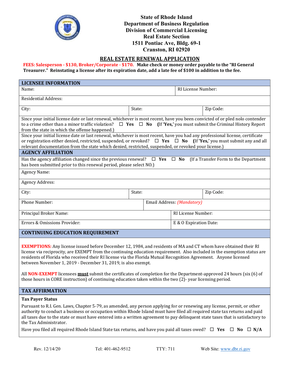 Rhode Island Real Estate Renewal Application Fill Out, Sign Online and Download PDF