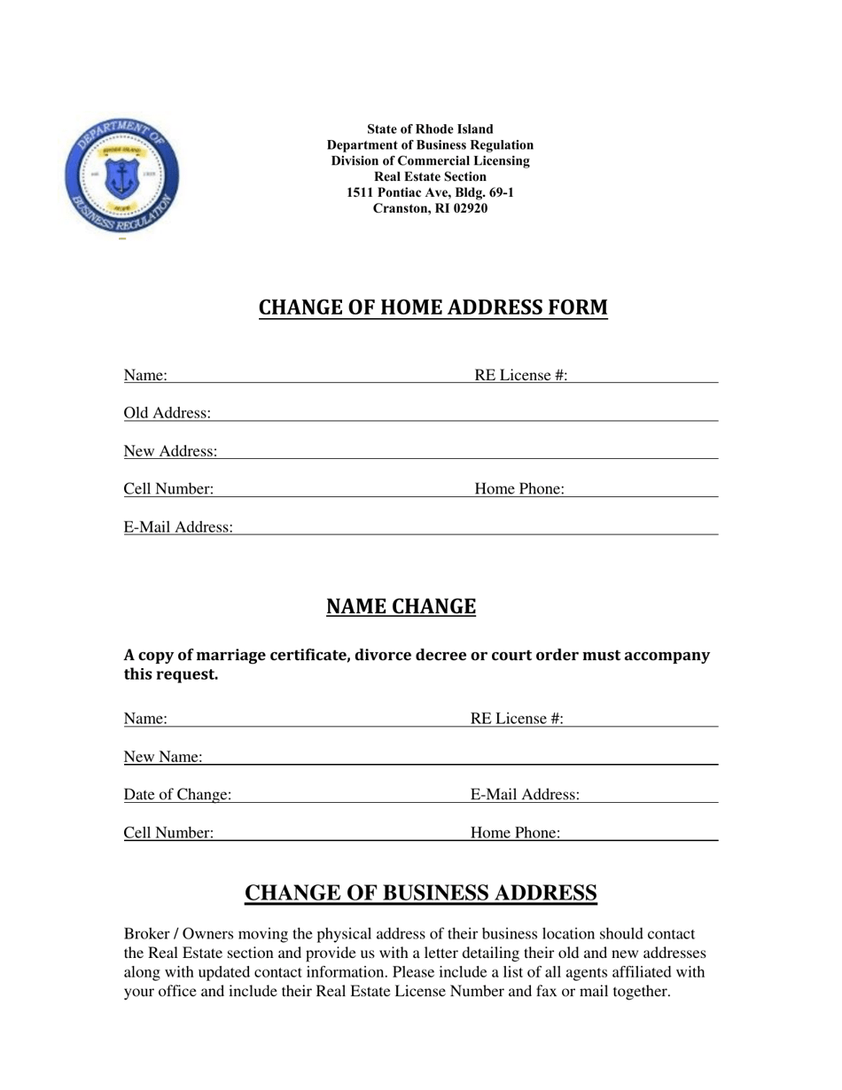 Name / Home Address Change Form - Rhode Island, Page 1