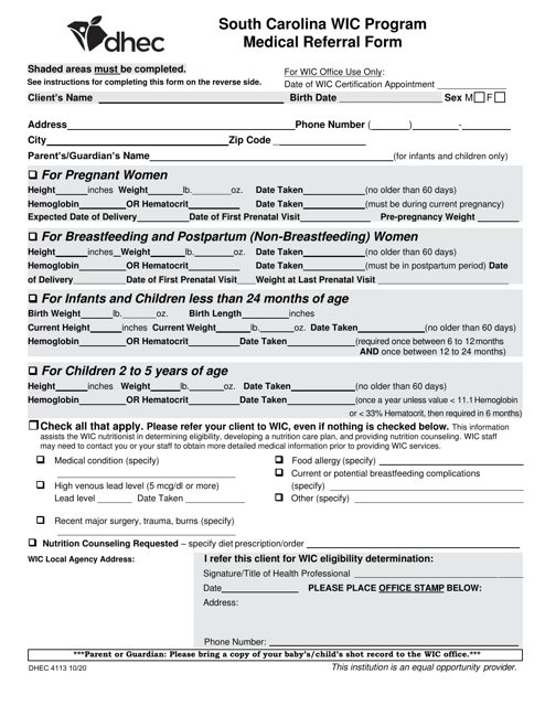 DHEC Form 4113 Medical Referral Form - South Carolina Wic Program - South Carolina