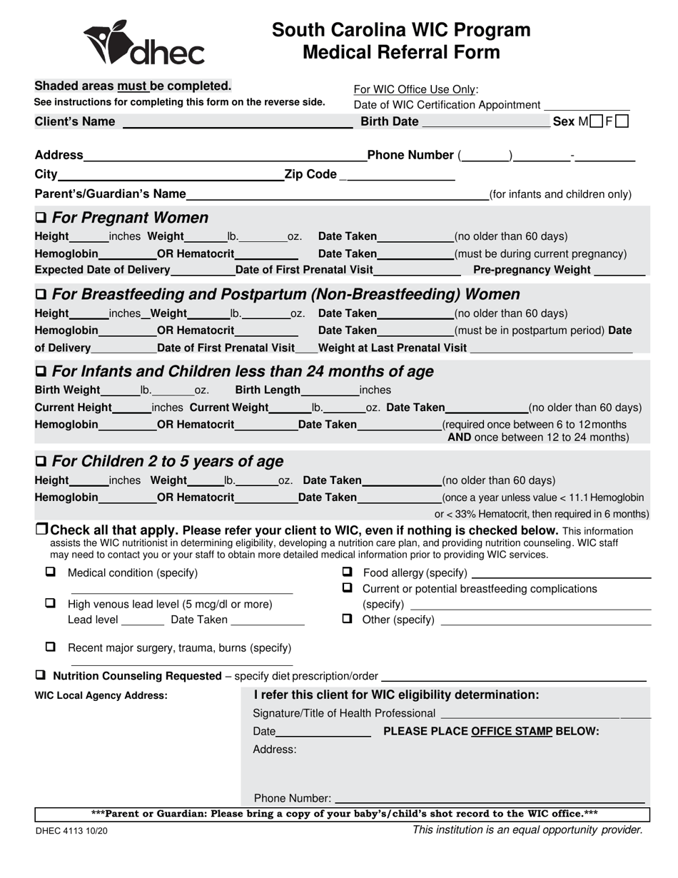 DHEC Form 4113 Medical Referral Form - South Carolina Wic Program - South Carolina, Page 1