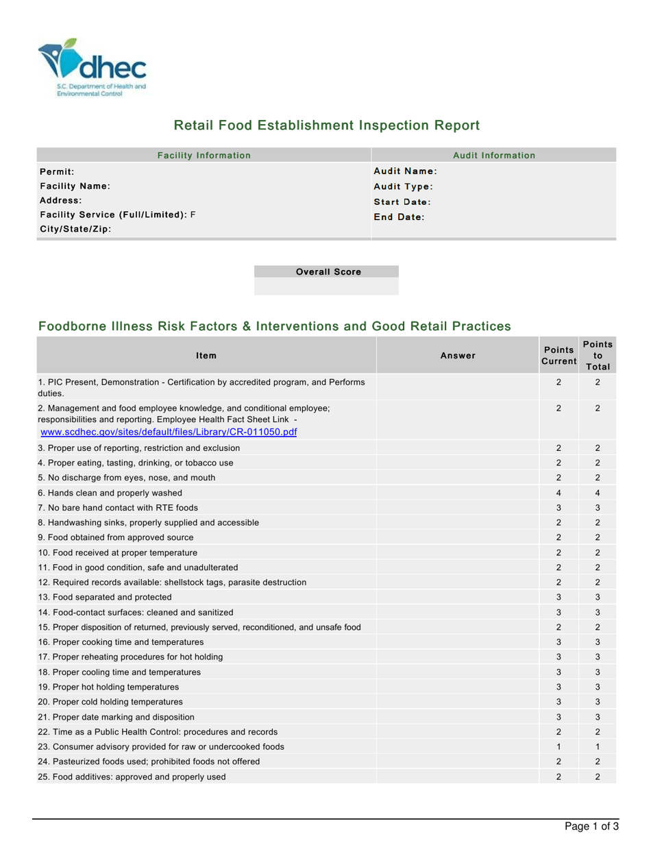 Retail Food Establishment Inspection Report - South Carolina, Page 1