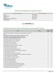 Document preview: Retail Food Establishment Inspection Report - South Carolina