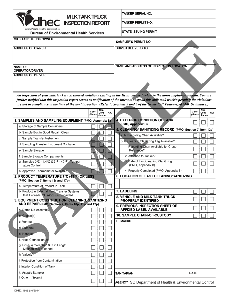 DHEC Form 1606 Milk Tank Truck Inspection Report - Sample - South Carolina, Page 1