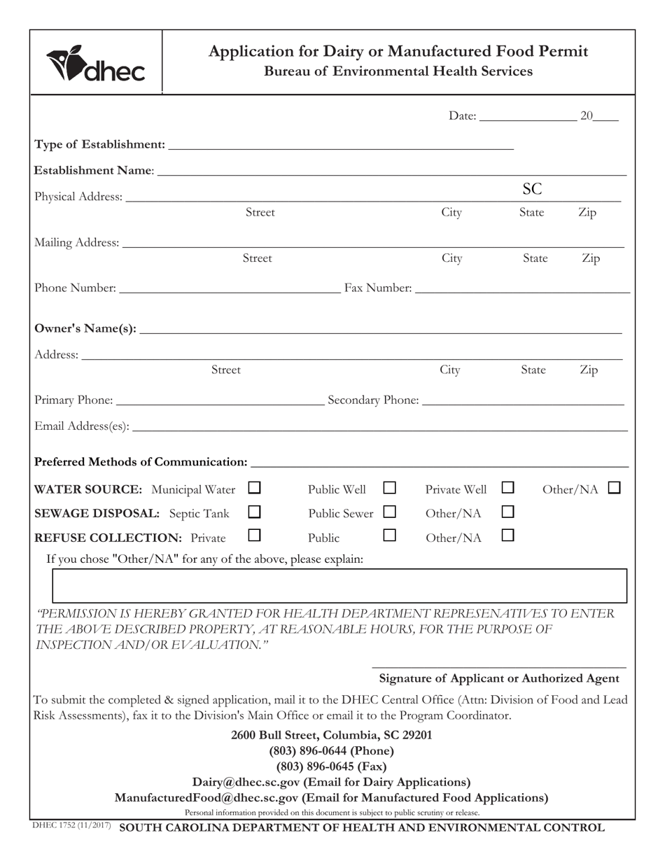 Dhec Form 1752 Fill Out Sign Online And Download Fillable Pdf South Carolina Templateroller 6919