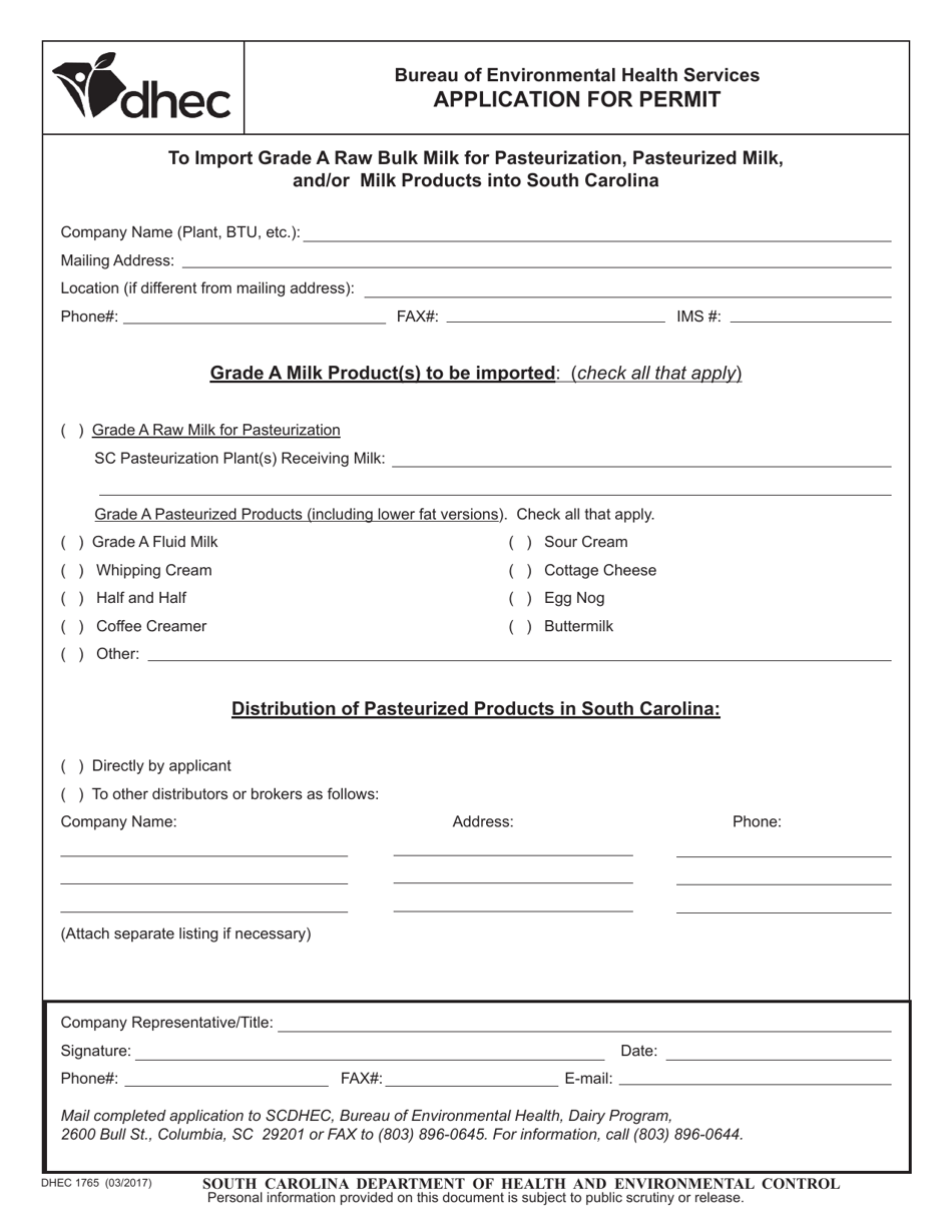 DHEC Form 1765 Application for Permit - South Carolina, Page 1