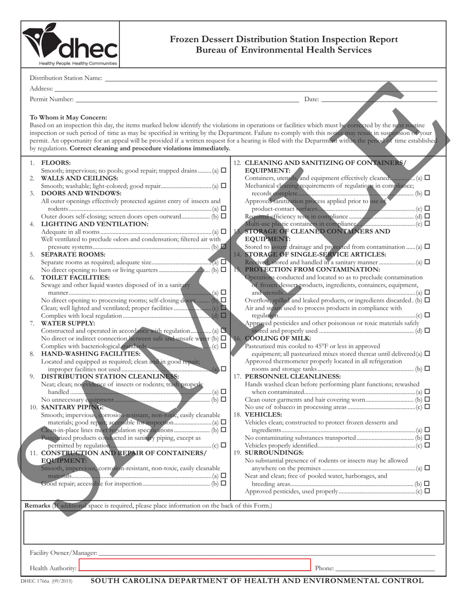 DHEC Form 1766A Frozen Dessert Distribution Station Inspection Report - Sample - South Carolina, Page 1