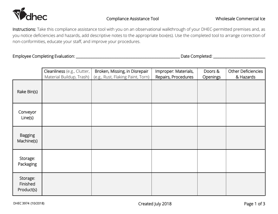 DHEC Form 3974 Compliance Assistance Tool - Wholesale Commercial Ice - South Carolina, Page 1