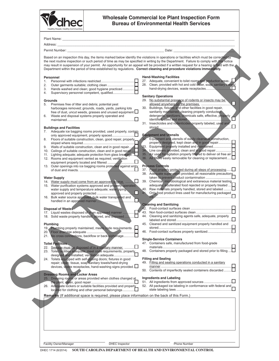 DHEC Form 1714 Wholesale Commercial ICE Plant Inspection Form - Sample - South Carolina, Page 1