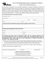 DHEC Form 4277 Out-of-State Bottled Water Importer - Application to Register - South Carolina