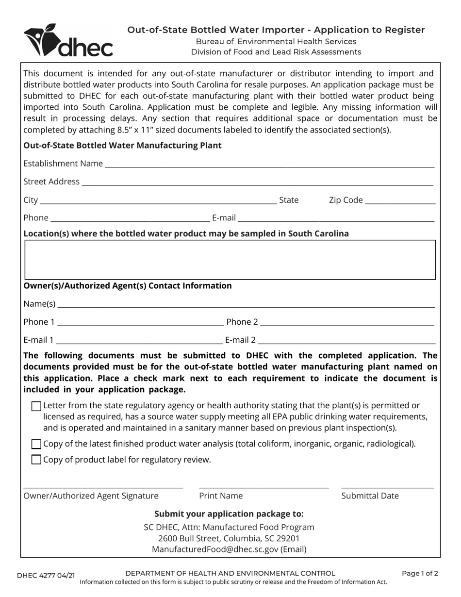 DHEC Form 4277 Out-of-State Bottled Water Importer - Application to Register - South Carolina, Page 1