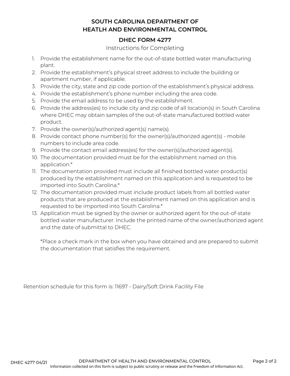 DHEC Form 4277 Out-of-State Bottled Water Importer - Application to Register - South Carolina, Page 2