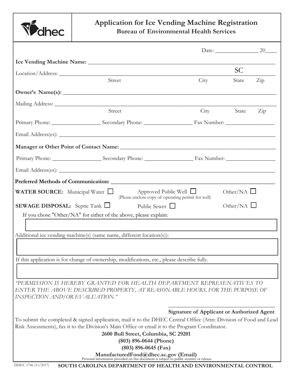 DHEC Form 1746 Application for ICE Vending Machine Registration - South Carolina, Page 1