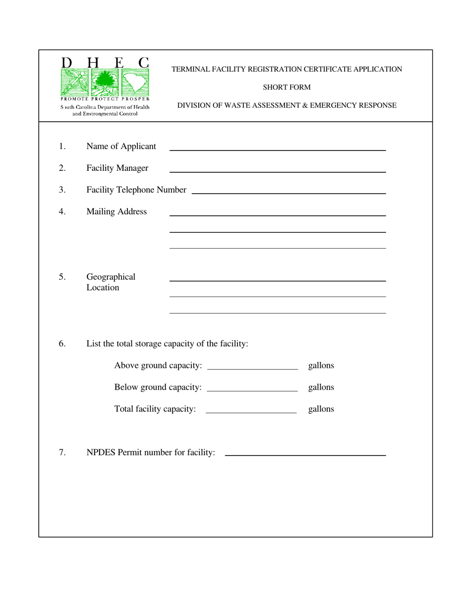 DHEC Form 3452 Terminal Facility Registration Certificate Application - Short Form - South Carolina, Page 1