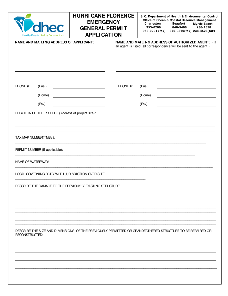 Hurricane Florence Emergency General Permit Application - South Carolina, Page 1