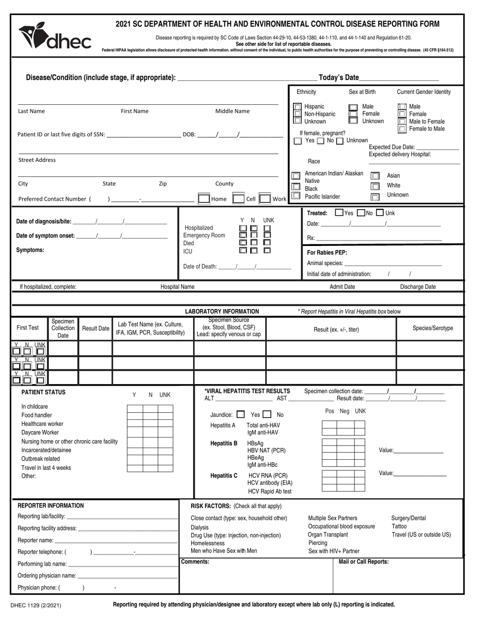 DHEC Form 1129 Control Disease Reporting Form - South Carolina, Page 1