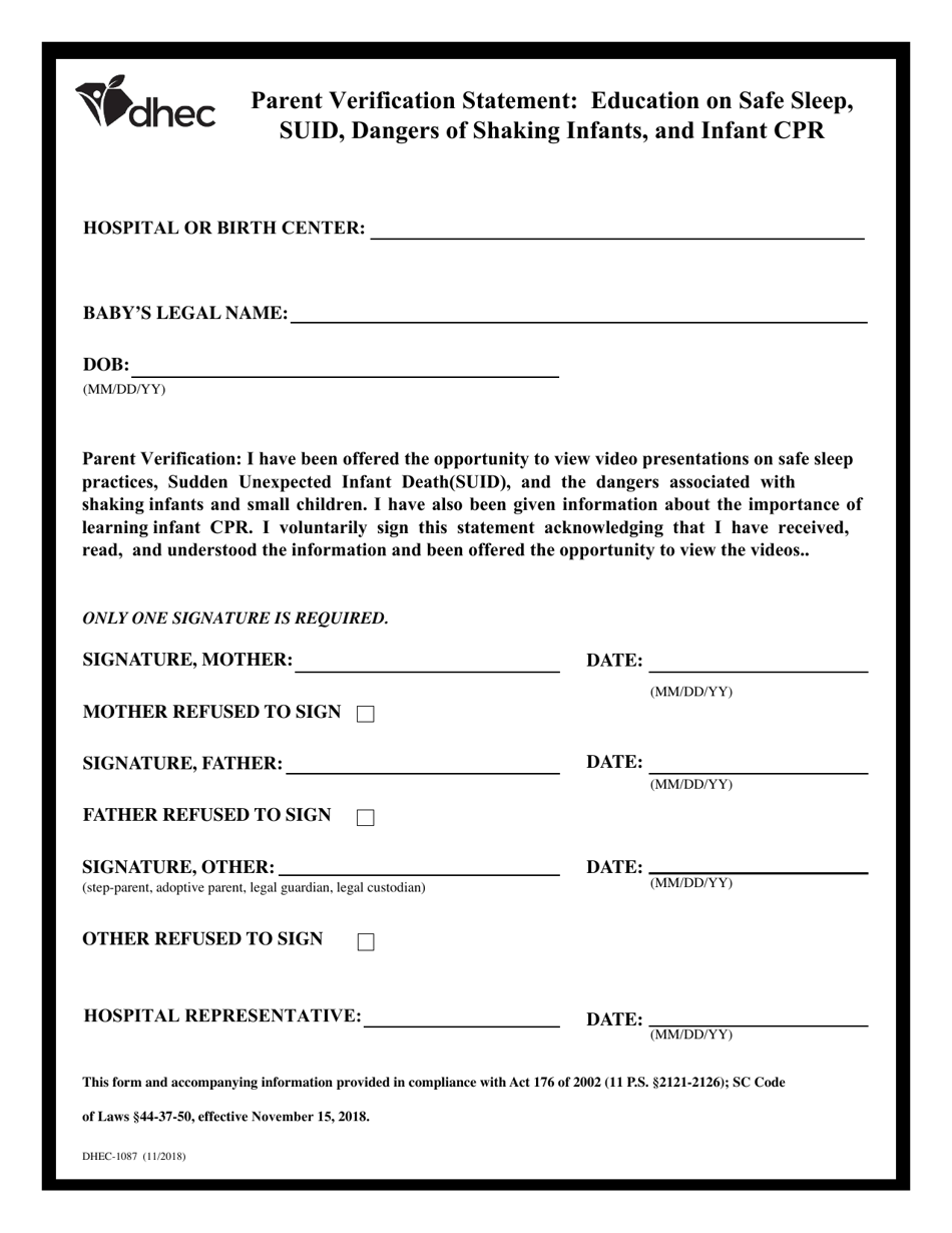 DHEC Form 1087 Parent Verification Statement: Education on Safe Sleep, Suid, Dangers of Shaking Infants, and Infant Cpr - South Carolina, Page 1