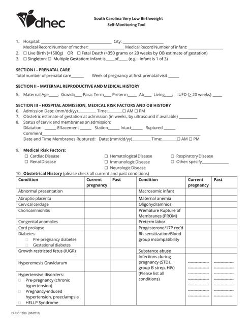 DHEC Form 1839  Printable Pdf