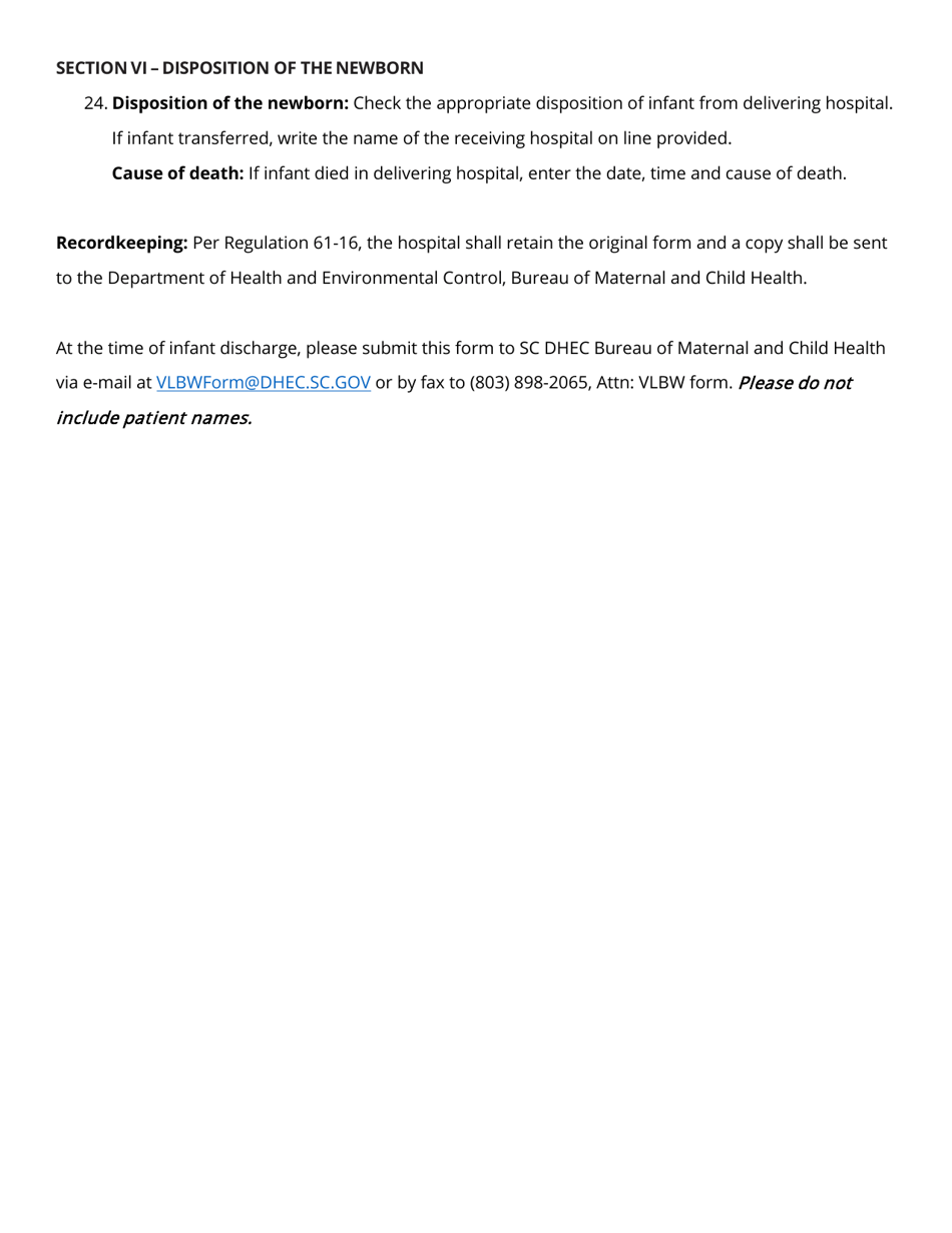 DHEC Form 1839 South Carolina Very Low Birthweight Self-monitoring Tool - South Carolina, Page 5