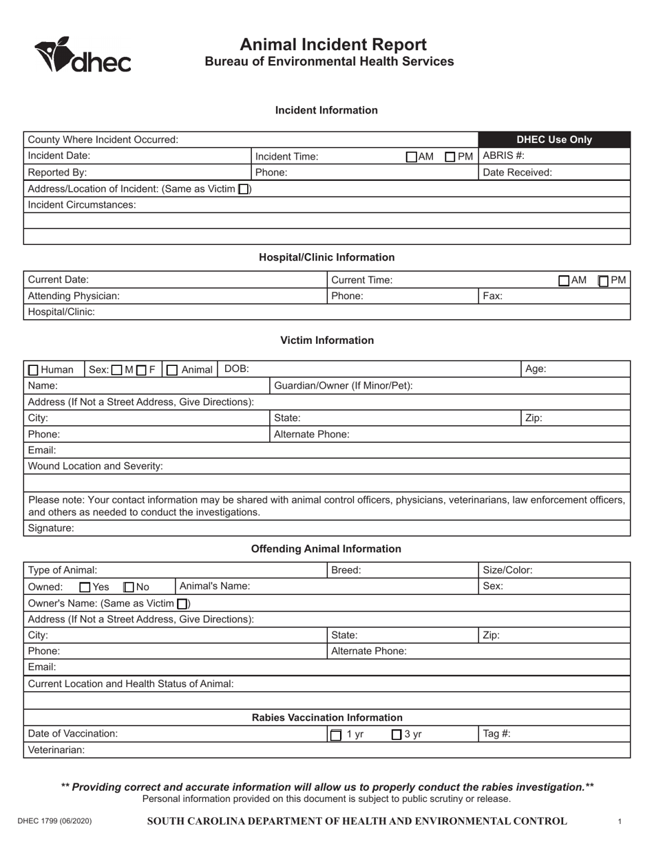 DHEC Form 1799 Animal Incident Report - South Carolina, Page 1