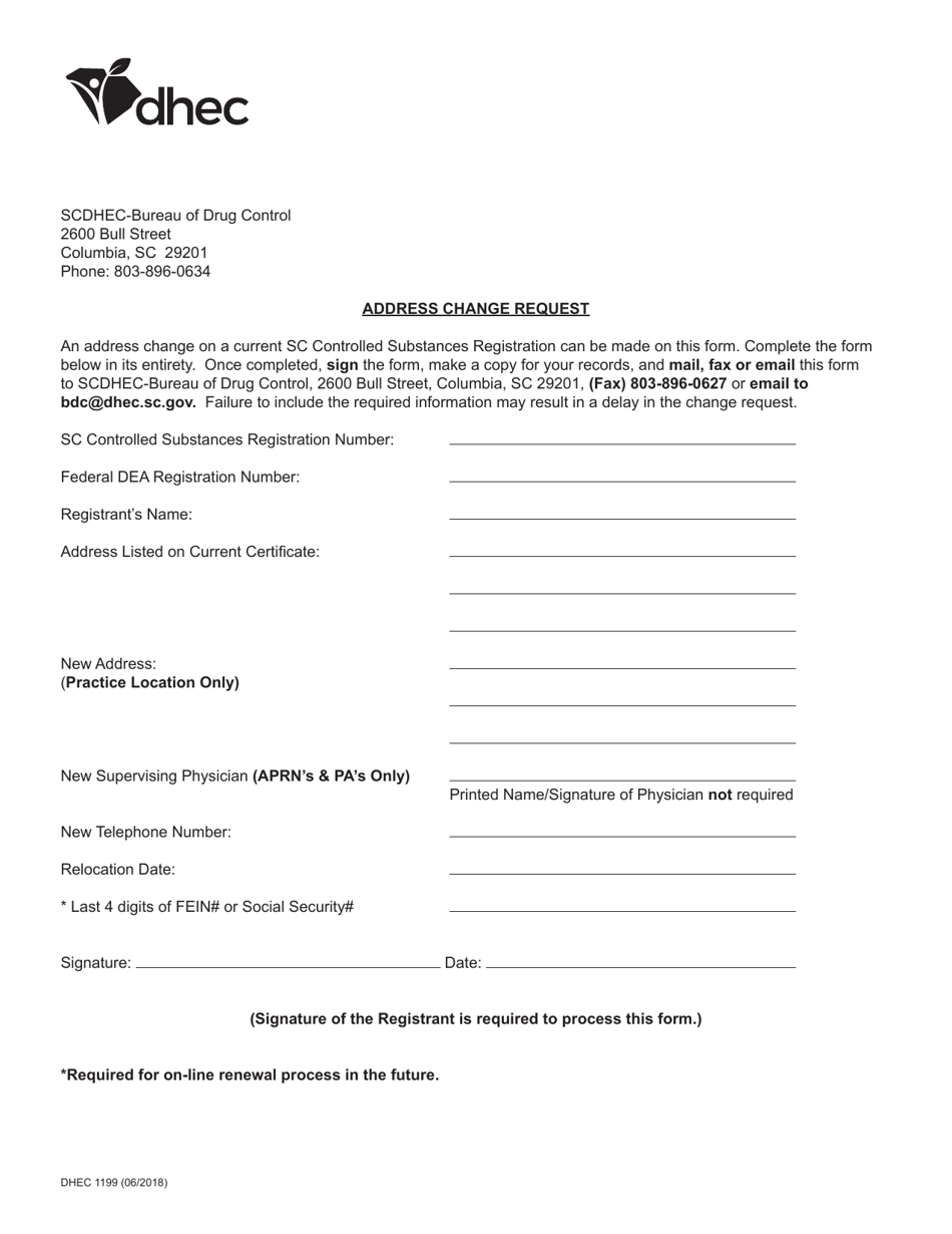 DHEC Form 1199 Address Change Request - South Carolina, Page 1