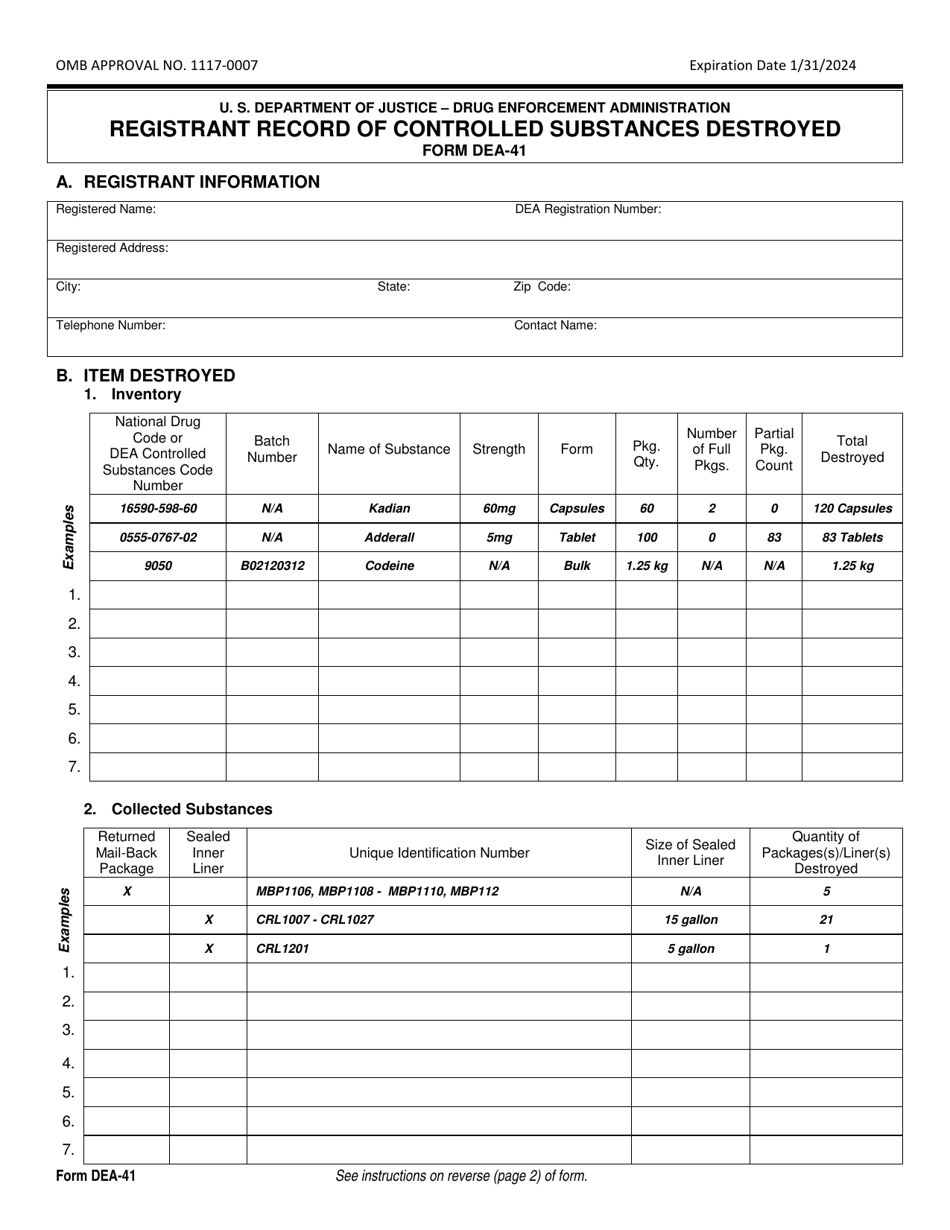 DEA Form 41 Registrant Record of Controlled Substances Destroyed, Page 1