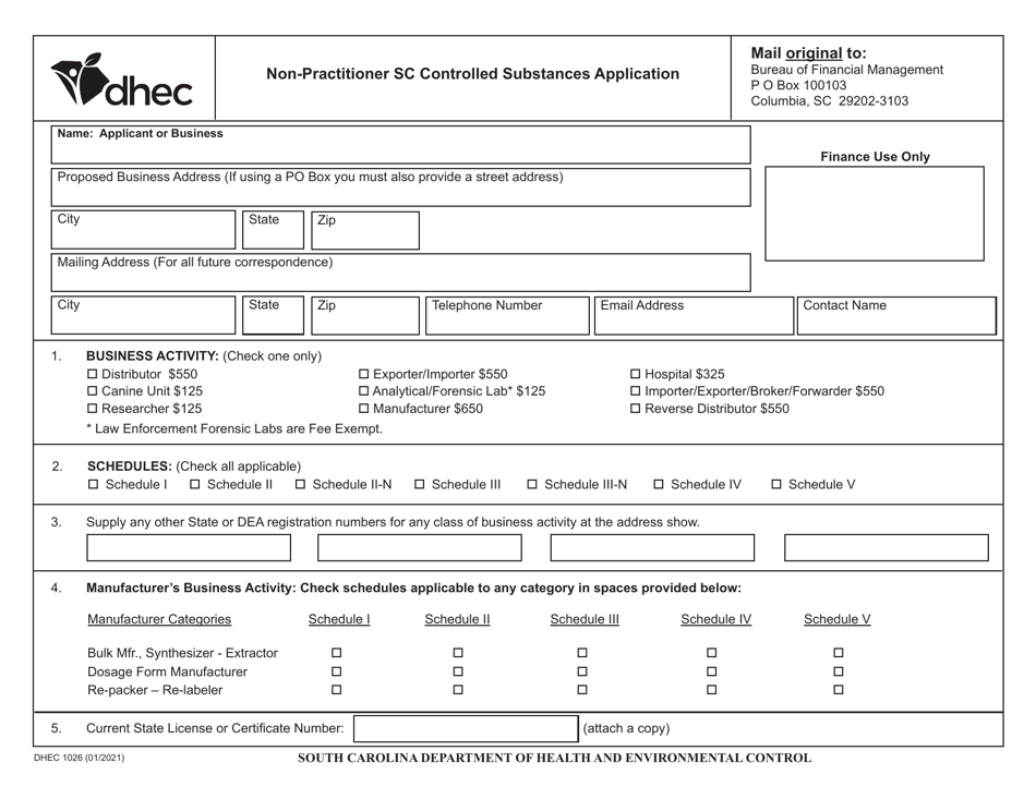 DHEC Form 1026 Non-practitioner Sc Controlled Substances Application - South Carolina, Page 1