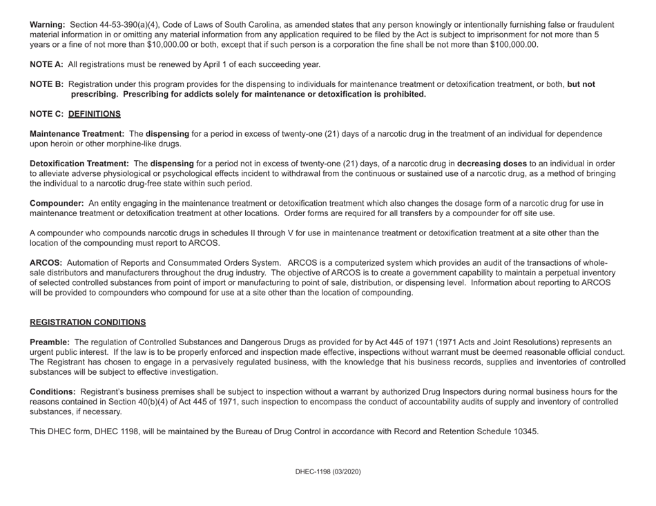 DHEC Form 1198 Sc Controlled Substances Application - Narcotic Treatment Program - South Carolina, Page 3