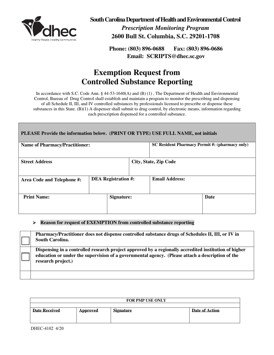 DHEC Form 4102 Exemption Request From Controlled Substance Reporting - South Carolina, Page 1