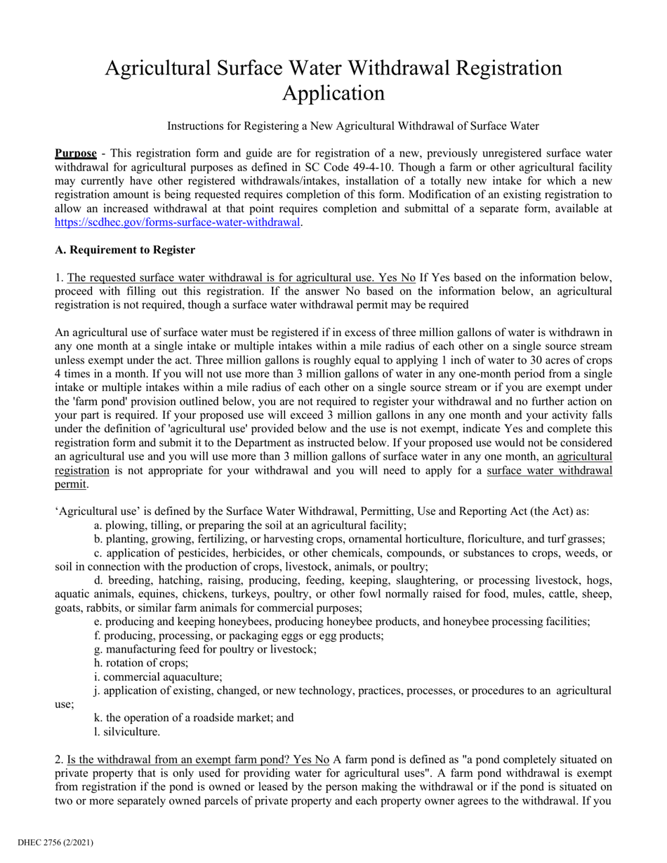 DHEC Form 2756 Agricultural Surface Water Registration Application - South Carolina, Page 4