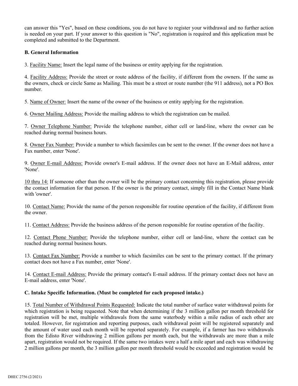 DHEC Form 2756 Agricultural Surface Water Registration Application - South Carolina, Page 5