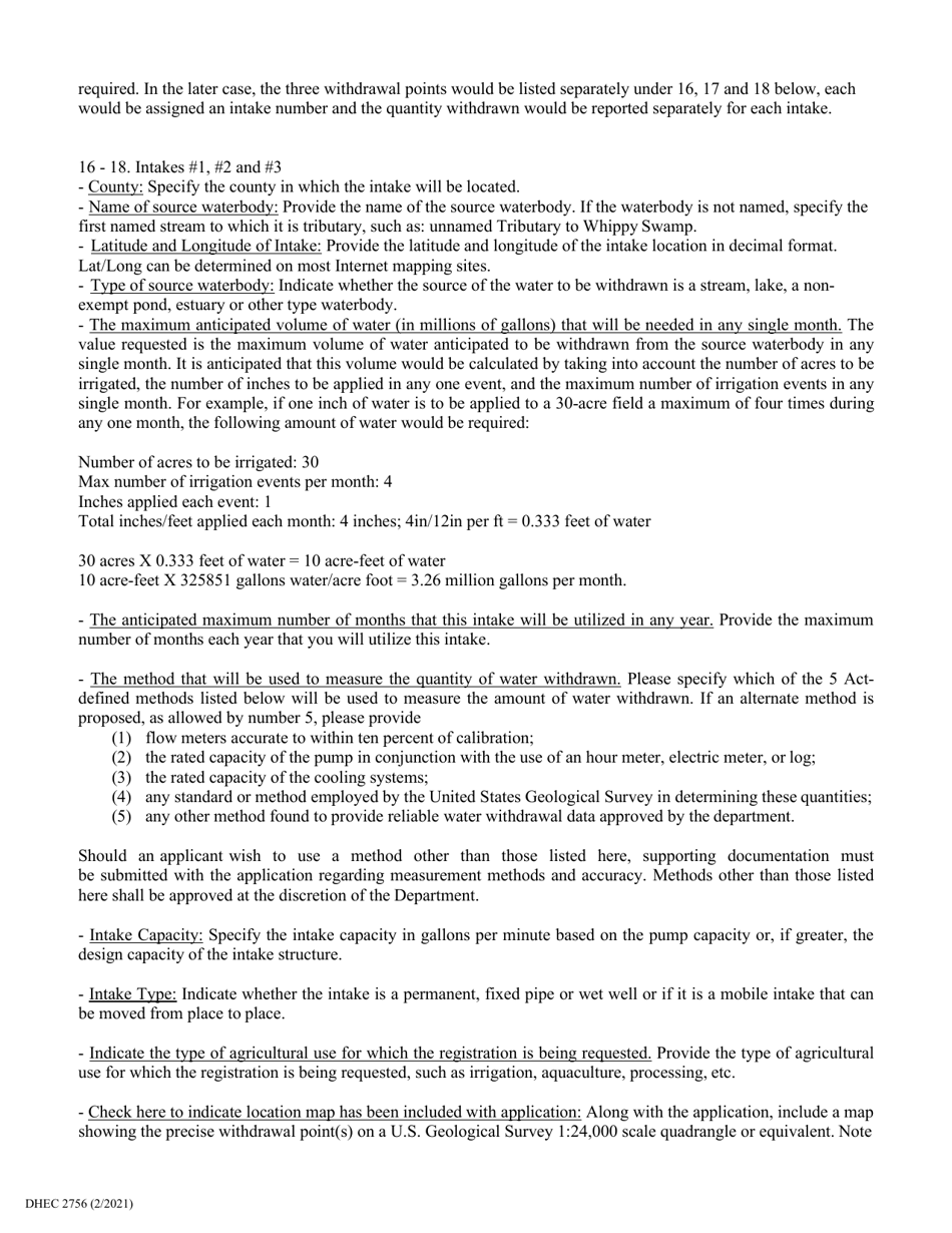 DHEC Form 2756 Agricultural Surface Water Registration Application - South Carolina, Page 6