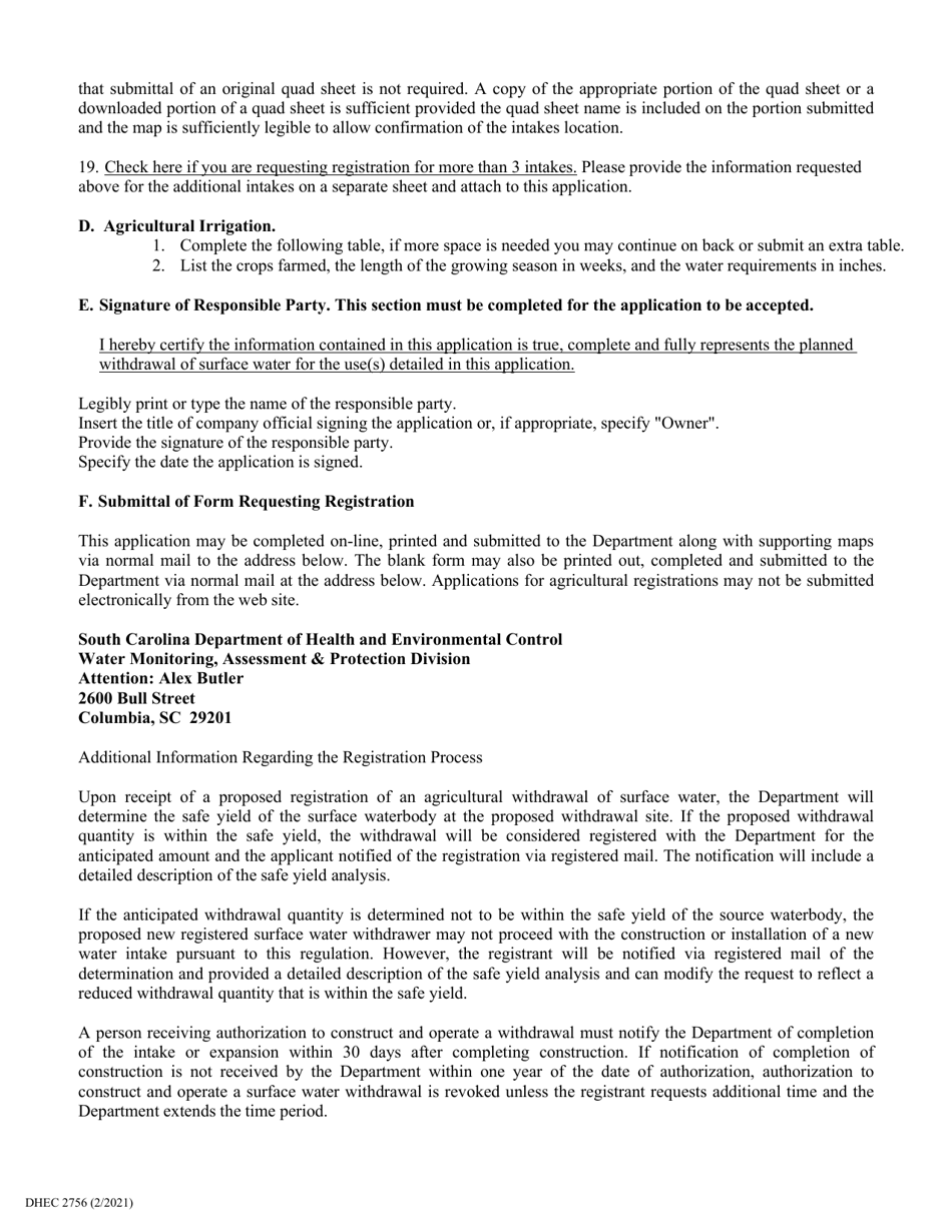 DHEC Form 2756 Agricultural Surface Water Registration Application - South Carolina, Page 7