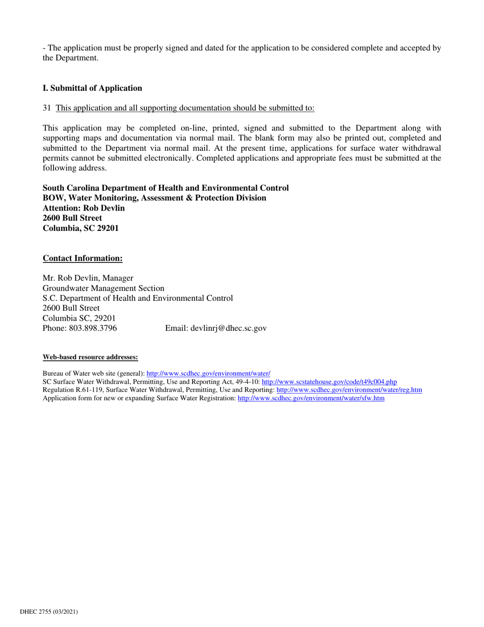 DHEC Form 2755 Surface Water Withdrawal Permit Application - South Carolina, Page 11