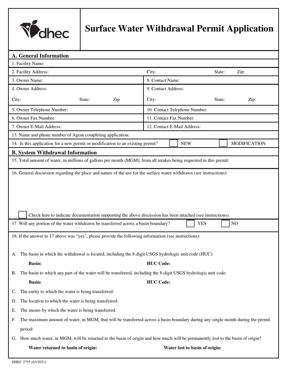 DHEC Form 2755 Surface Water Withdrawal Permit Application - South Carolina, Page 1