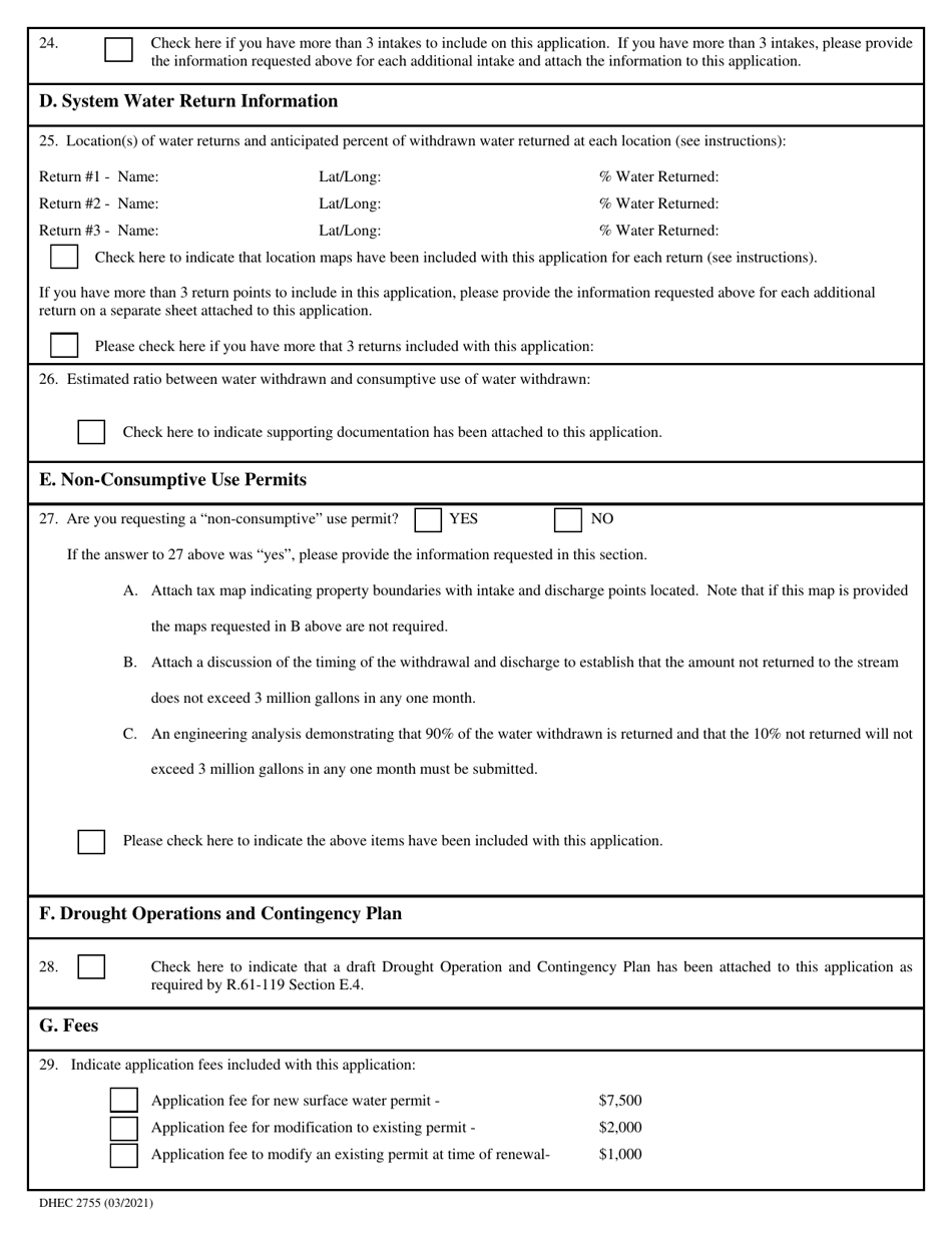 DHEC Form 2755 Surface Water Withdrawal Permit Application - South Carolina, Page 3