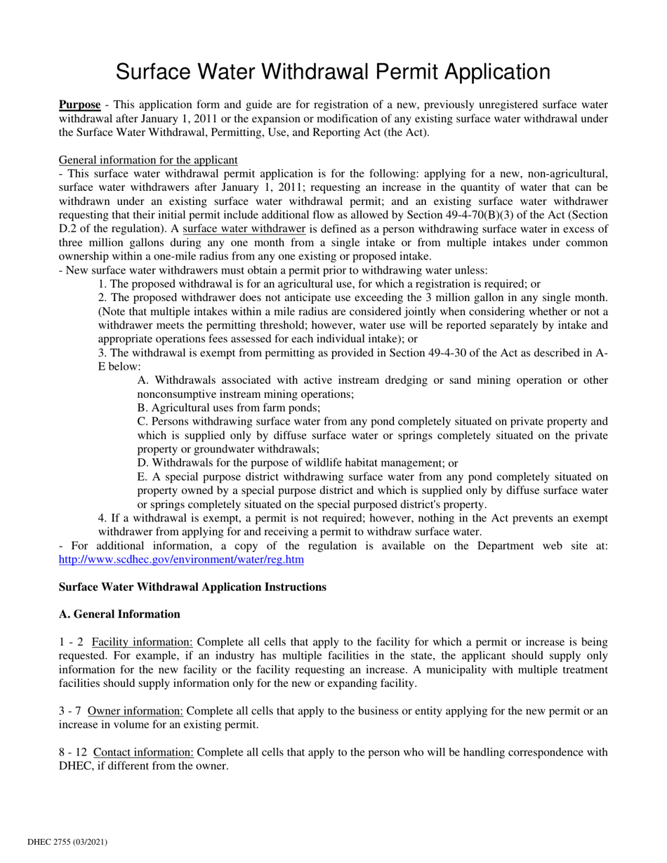 DHEC Form 2755 Surface Water Withdrawal Permit Application - South Carolina, Page 5
