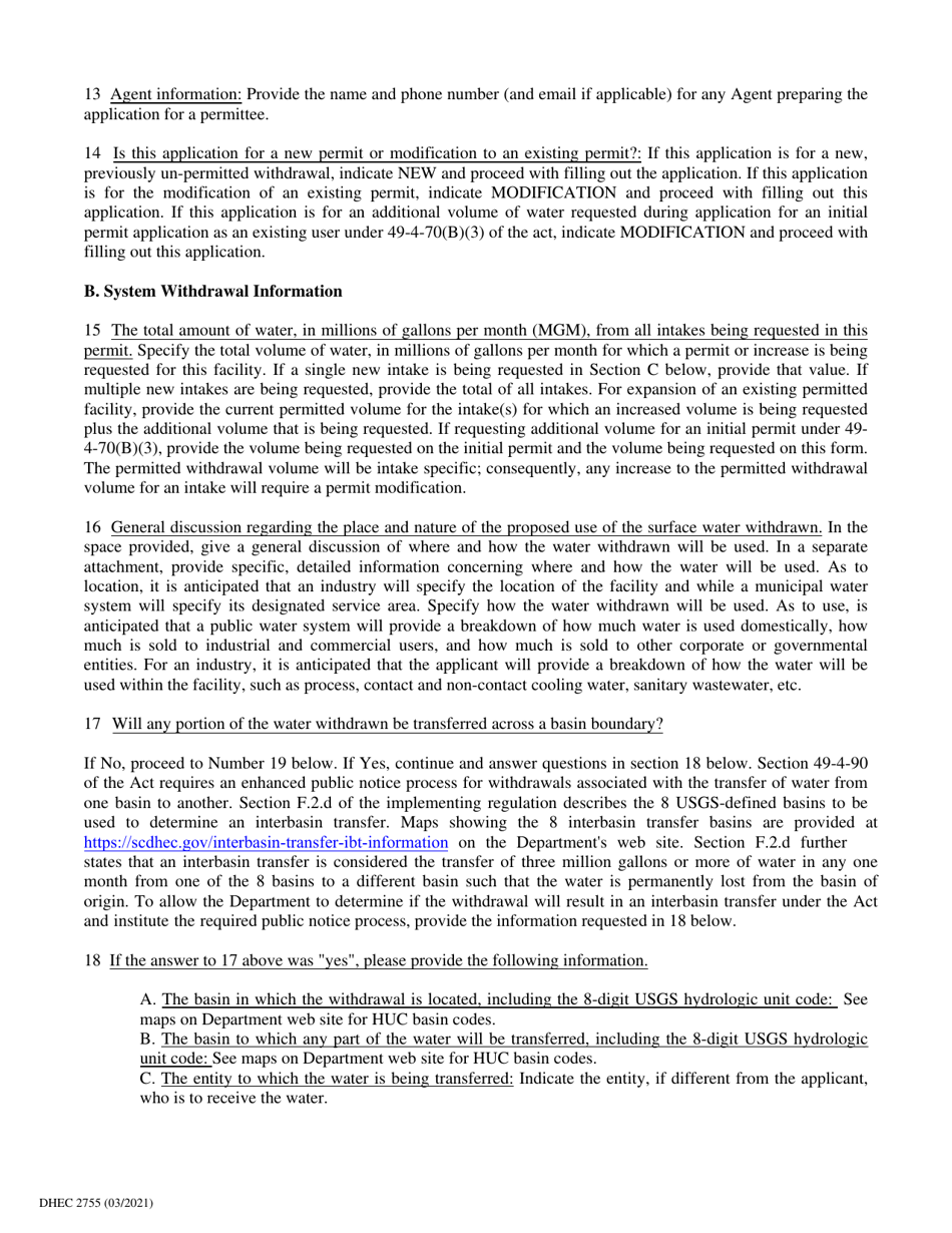 DHEC Form 2755 Surface Water Withdrawal Permit Application - South Carolina, Page 6