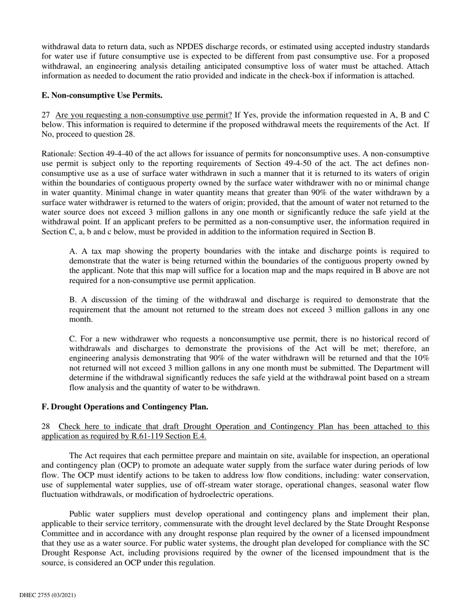 DHEC Form 2755 Surface Water Withdrawal Permit Application - South Carolina, Page 9