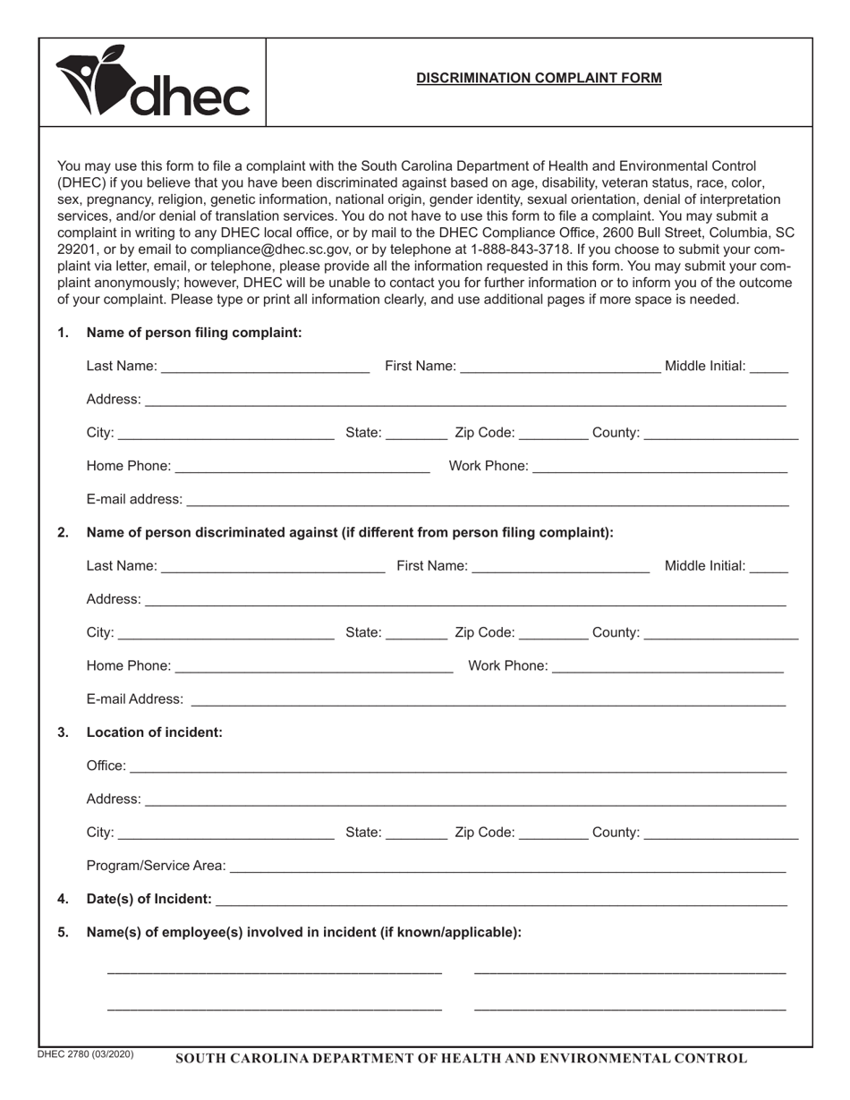 DHEC Form 2780 Discrimination Complaint Form - South Carolina, Page 1