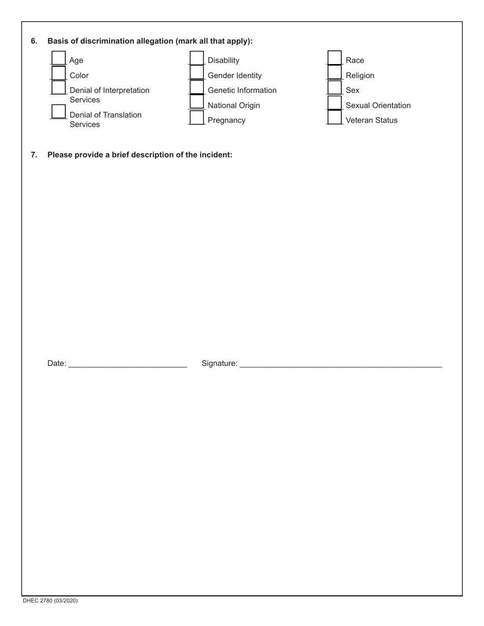 DHEC Form 2780 Discrimination Complaint Form - South Carolina, Page 2