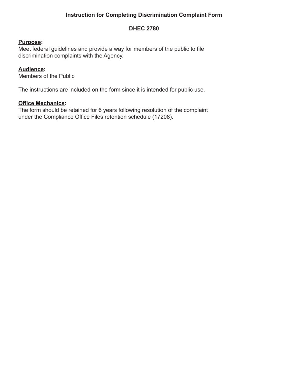 DHEC Form 2780 Discrimination Complaint Form - South Carolina, Page 3